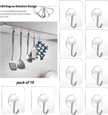 Wonder Star Adhesive Magic Stickers Wall Hooks for Hanging Keys Coats Hats Bags (10KG max) Hook 10(Pack of 10)
