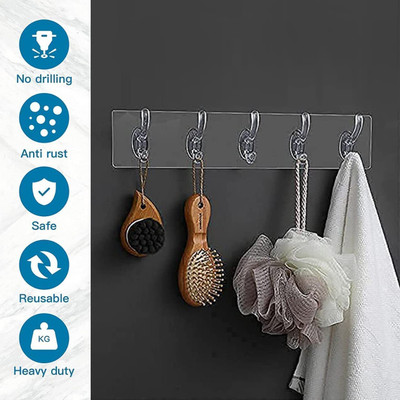 DEQTRON Transparent Reusable Waterproof Stick-on Hooks Hook Rail 6(Pack of 1)