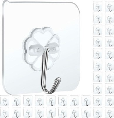 MSDECOR Wall Adhesive Hooks for Hanging Clear Sticky- Stainless Steel Hook without Nails Hook 36(Pack of 36)