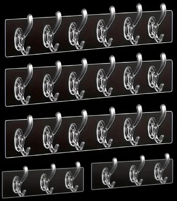 HK APPLIANCE 5Pcs 6 Rows Multifunctional Transparent Sticky Hook Set Adhesive Sticker Hanger Hook Rail 6(Pack of 5)