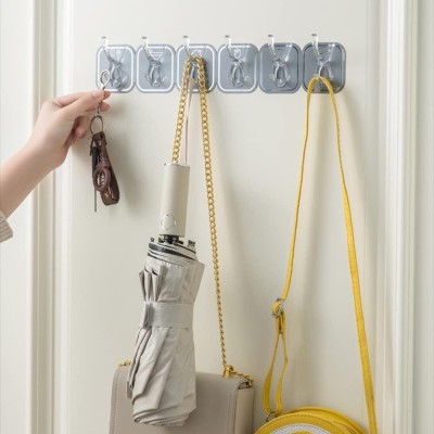 YIXTY Stick on Hanger Hooks | 6-in-1 Key Hooks No Punching Towel Hanger Hook Rail 6(Pack of 1)