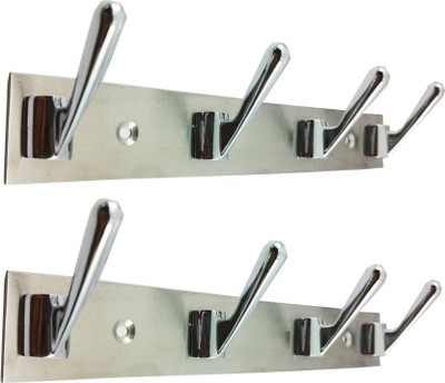TOPAZ (Pack Of 2) 4 Pin Stainless Steel Bathroom Cloth Hook / Hanger / Key Holder / Wall Robe Hook Rail for Hanging Key, Cloth, Towel Hook Rail 4(Pack of 2)