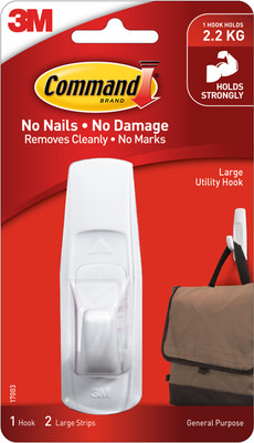 Command 3M Plastic Large Utility Wall Hook, Holds upto 2.2Kg, 2 Strips & Hook 1(Pack of 1)