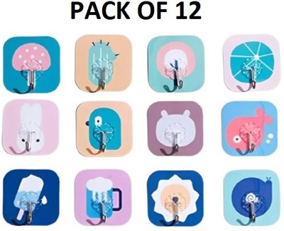 QinPin Printed Design Plastic Self Adhesive Wall Hooks for Hanging Clothes accessories Hook 1(Pack of 12)
