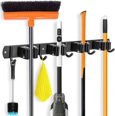JIALTO Broom Holder black Wall Mounted |5 Slot 4 Hooks Black Hook 5(Pack of 1)