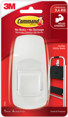 Command 3M Plastic Jumbo Utility Wall Hook, Holds upto 3.4Kg 4 strips & Hook 1(Pack of 1)