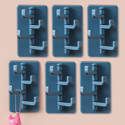 KUBER INDUSTRIES (Set of 6) Self-Adhesive Stick On Hooks (4 Hooks Attached) Hangers for Wall|Blue Hook 4(Pack of 6)
