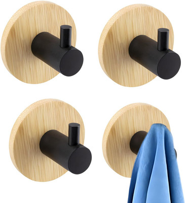 JIALTO 4 PCS Self Adhesive Wooden Hooks for Bathroom & Kitchen - Round Black Wooden Hook 4(Pack of 4)