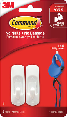 Command 3M Plastic Small Utility Wall Hooks, Holds upto 450gm, 4 Strips Hook 2(Pack of 1)