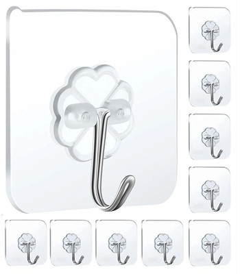 Nysha Self-Adhesive Transparent Wall Hook – Heavy Duty, Reusable, Waterproof Hook 10(Pack of 10)