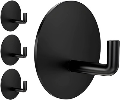 JIALTO 4 PCS Self-Adhesive Stainless Steel Wall Hooks – Strong J Round Black Hooks Hook 4(Pack of 4)