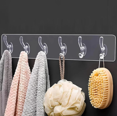 Henzestar 6 in 1 Self Adhesive Wall Hooks, Heavy Duty Sticky Hooks for Hanging Hook Rail 6(Pack of 1)