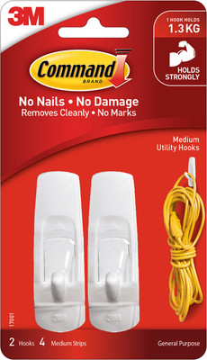Command 3M Plastic Medium Utility Wall Hooks holds upto 1.3kg, 4 Strips Hook 2(Pack of 1)