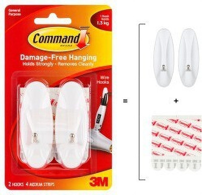 Command 3M Medium Wire Wall Plastic Hooks, Holds upto 1.3 kgs, 4 Strips Hook 2(Pack of 1)