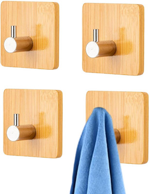 JIALTO Self Adhesive Wooden Hooks for Wall – 4 PCS - Square Silver Wooden Hook 4(Pack of 4)