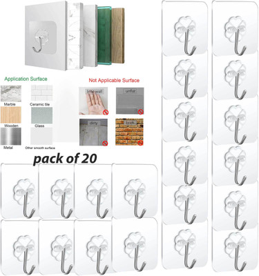 Asharya Sticky Hooks, (20) Reusable Removable Adhesive Hooks for Hanging, Wall Hooks Hook 20(Pack of 20)
