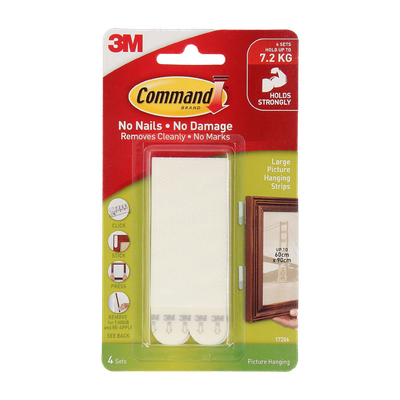 Command 3M Large Picture Hanging Strips, Holds upto 7.2kg, Self Adhesive, 4 Pairs Hook 1(Pack of 1)