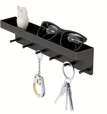 HASTHIP Wall Hook Rack No Drill Hook Rack with Storage Shelf for Bathroom Kitchen Entry Plastic Key Holder(6 Hooks, Black)