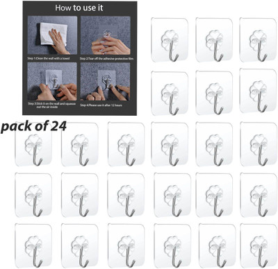 Handybee Transparent Waterproof Wall Hooks, Without Drilling Adhesive Strong Hanger Hook 24(Pack of 24)