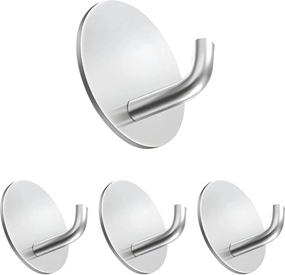 JIALTO 4 Pcs Heavy-Duty Self-Adhesive Stainless Steel Wall Hooks – J Round Silver Hook 4(Pack of 4)