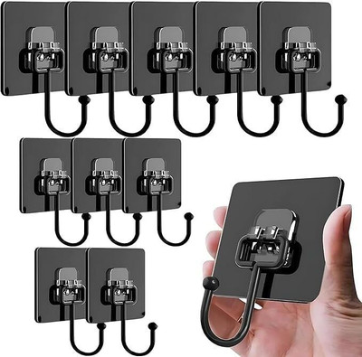 ATHARVED Strong Self-Adhesive Wall Hooks – Black Metal, 5kg Load, Waterproof Hook 1(Pack of 10)