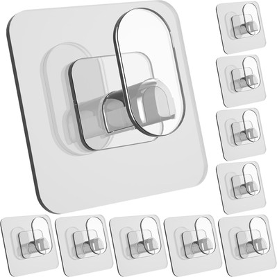 QUEBLISS Adhesive Hooks - Clear Hooks Plastic Hook Heavy Duty Hooks for Bathroom Kitchen Hook 10(Pack of 10)