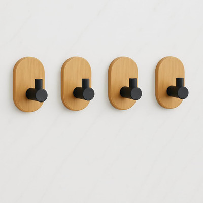 JIALTO 4 PCS Rectangle Black Wooden Self Adhesive Hooks - Rectangle Black Wooden Hook 4(Pack of 4)