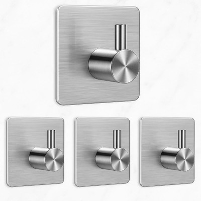 JIALTO 4 PCS Stainless Steel Adhesive Wall Hooks - Square Silver Hook 4(Pack of 4)