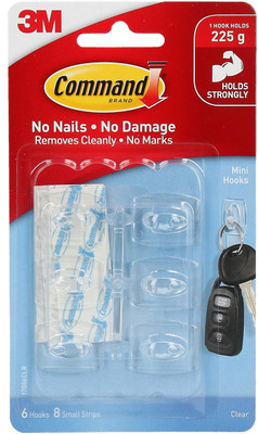 Command 3M Plastic Clear Mini Wall Hooks, Holds upto 225g, 8 Strips & Hook 6(Pack of 1)