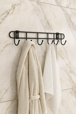 DXDT (set of 1)Drill free Steel bathroom towel rack/Towel rod with 6 hook wall Matt black Towel Holder(Carbon Steel)