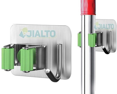 JIALTO Stainless Steel Broom Holder with Hook - Wall-Mounted Adhesive Storage Hook 1(Pack of 4)