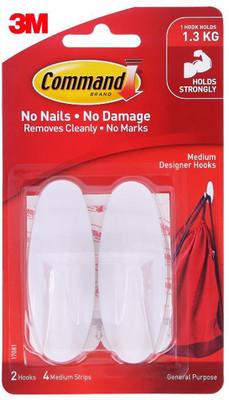 Command 3M Plastic Designer Wall Hooks, Holds upto 1.3Kg, 4 Strips Hook 2(Pack of 1)