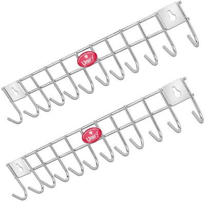 UNIFY Stainless Steel Cloth Hanger for Wall 12 Hooks, Door Mounted Hook Rail 12(Pack of 2)