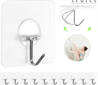 AUMIXX Adhesive Wall Hooks, Clear Transparent Heavy Duty Plastic Mount Kitchen Bathroom Hook 10(Pack of 10)