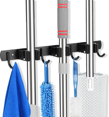 JIALTO Broom Holder Black Wall Mounted 3 Slots and 4 Hooks Hook 3(Pack of 1)