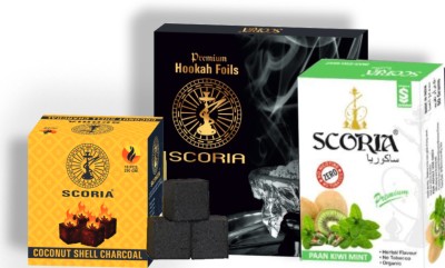 SCORIA Premium Quality Herbal Hookah (PAAN KIWI MINT , HOOKAH FOIL) & 250Gram Coconut Hookah Charcoals(Pack of 3)