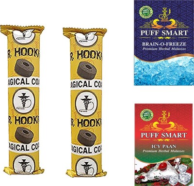 Puff Smart Premium Herbal Flavor Brain-O-Freeze & Icy Paan With 2 Polo Magic Coal Hookah Charcoals(Pack of 4)