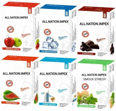 ALL.NATION.IMPEX Six flavour pack Double apple, Ice brain freezer, Chocolate, Paan kiwi, Dubai special, Paan kiwi mint Hookah Flavor(180 g, Pack of 6) deal from flipkart