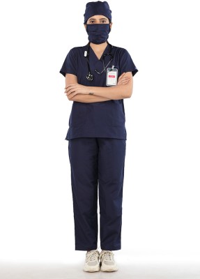 Medilinen Solutions 5 Pocket Female Scrub with Cap & Mask Shirt, Pant Hospital Scrub(Navy Blue L)