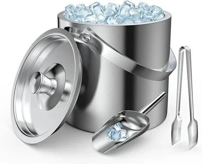 BARDECOR 1.5 L Steel Stainless Steel Ice Bucket matt 1.5 ltr with Tong And Ice Scooper Ice Bucket(Silver)
