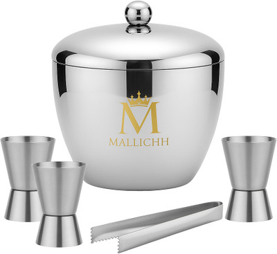 MALLICHH 1.5 L Steel Ice Bucket with Tong & Peg Measure Double Wall Bar Set Ice Bucket(Silver)