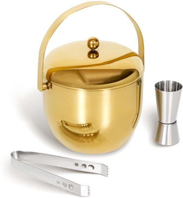 MALLICHH 1.5 L Steel Golden Stainless Steel Ice Bucket Set With Tong & Peg Measure Double Wall Ice Bucket(Gold, Silver)