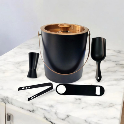 Nooks 1.5 L Steel Black Barware Set with Ice Bucket, Tongs, Ice Bucket(Black)