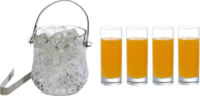 AFAST 1 L Glass Combo Of Ice Bucket With Tongs And 4 Glass, Transparent, Pack Of 5 -G Ice Bucket(Clear)
