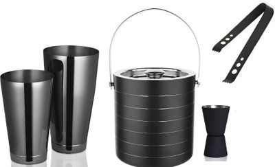 BARDECOR 1.5 L Steel Black Ring Ice Bucket 1.5Ltr With Tong,Jigger & Shaker Ice Bucket(Black)