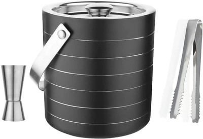 EVK 1.5 L Steel Double Walled Stainless Insulated with Lid Tong Measure Ice Bucket(Black, Silver)