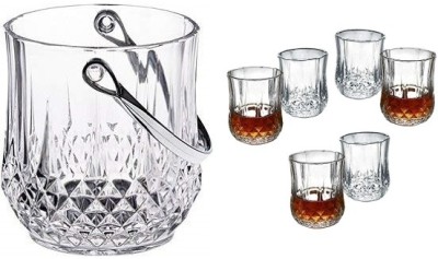 S1Store 1 L Glass Italian Premium Crystal Clear Ice Bucket Set With Tong And 6 Whisky Glass BQ Ice Bucket(Clear)