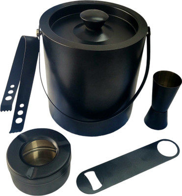 Nooks 1.5 L Steel Ice Bucket with ,Tongs, Bottle Opener, peg meagur and hashtrey. Ice Bucket(Black)