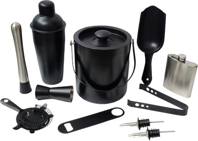 PRONIKS 1 L Steel Ice Bucket 1lt with other accessories set with full black color Ice Bucket(Black)