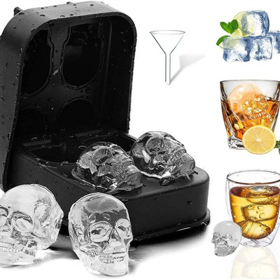 Melbify 0.05 L Silicone Skull Shape Ice Cube Tray with Funnel |Freezer Ice Maker for Cocktails, Whiskey Ice Bucket(Black)